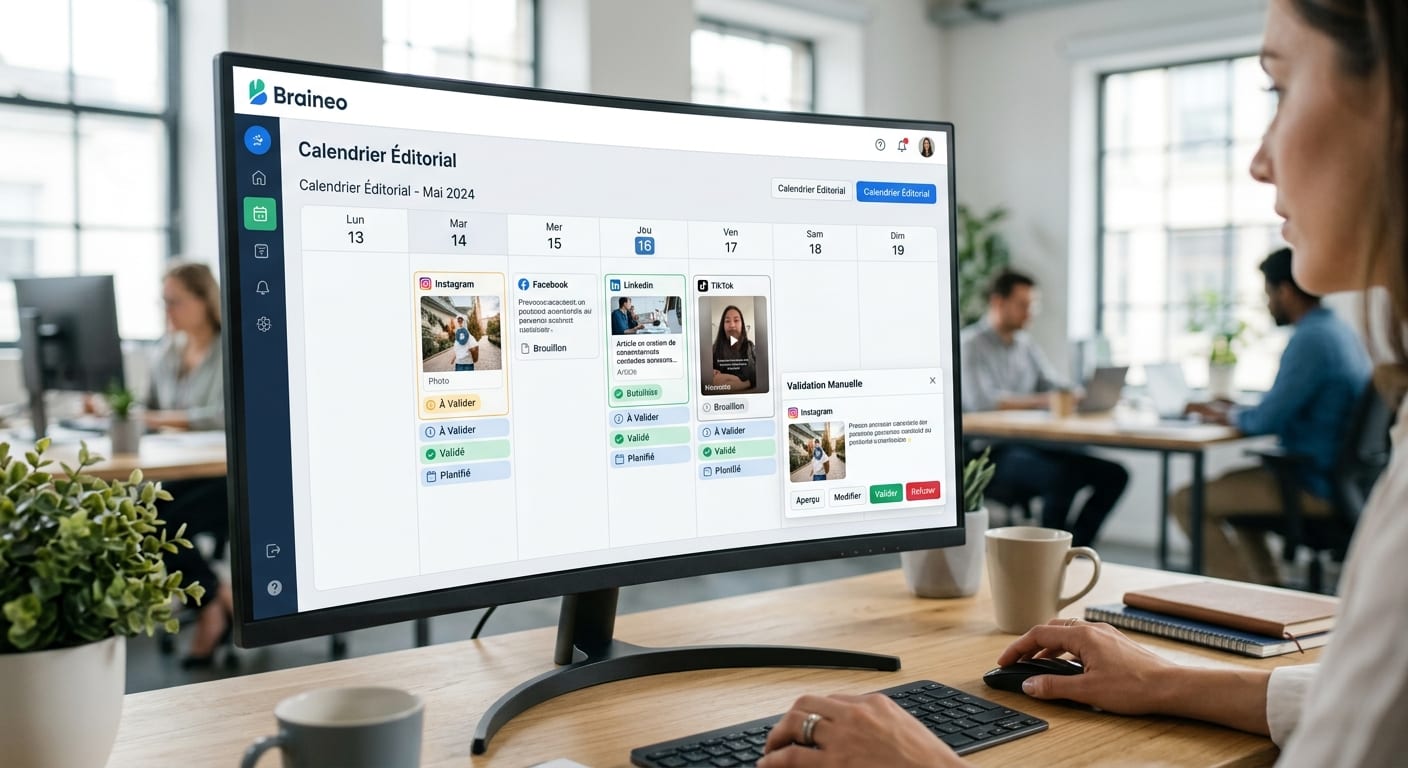Interface moderne de l'assistant marketing digital Braineo affichant le calendrier éditorial multi-réseaux et la validation manuelle des publications