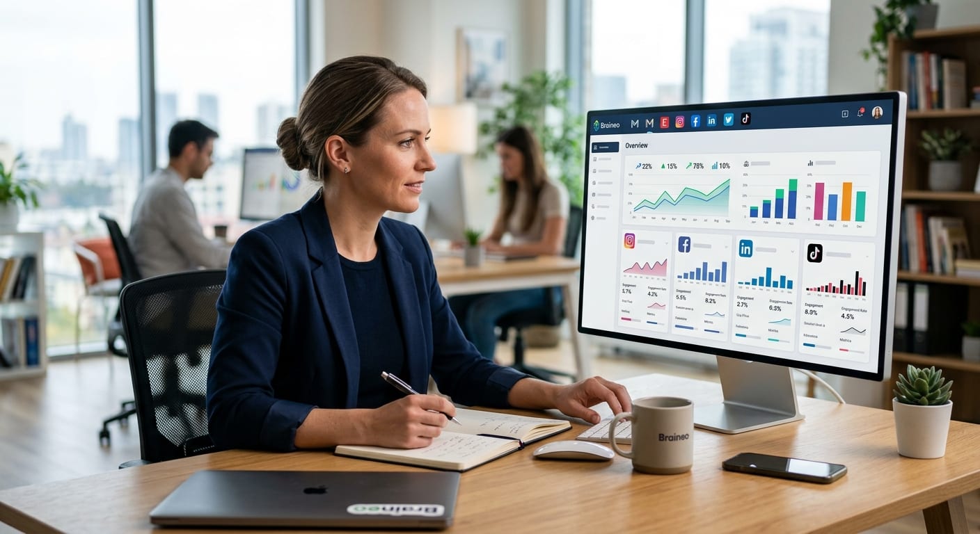 Entrepreneur consultant le tableau de suivi des performances de ses réseaux sociaux et de ses e-mails sur Braineo